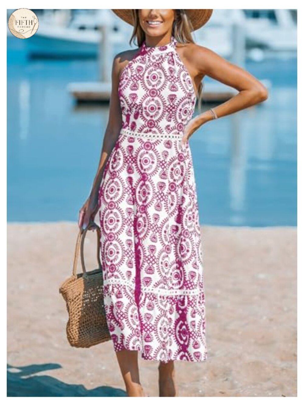 Halter Neck Boho Midi Dress Sleeveless Floral Cutout Waist Flowy Beach Vacation - Picture 3 of 3